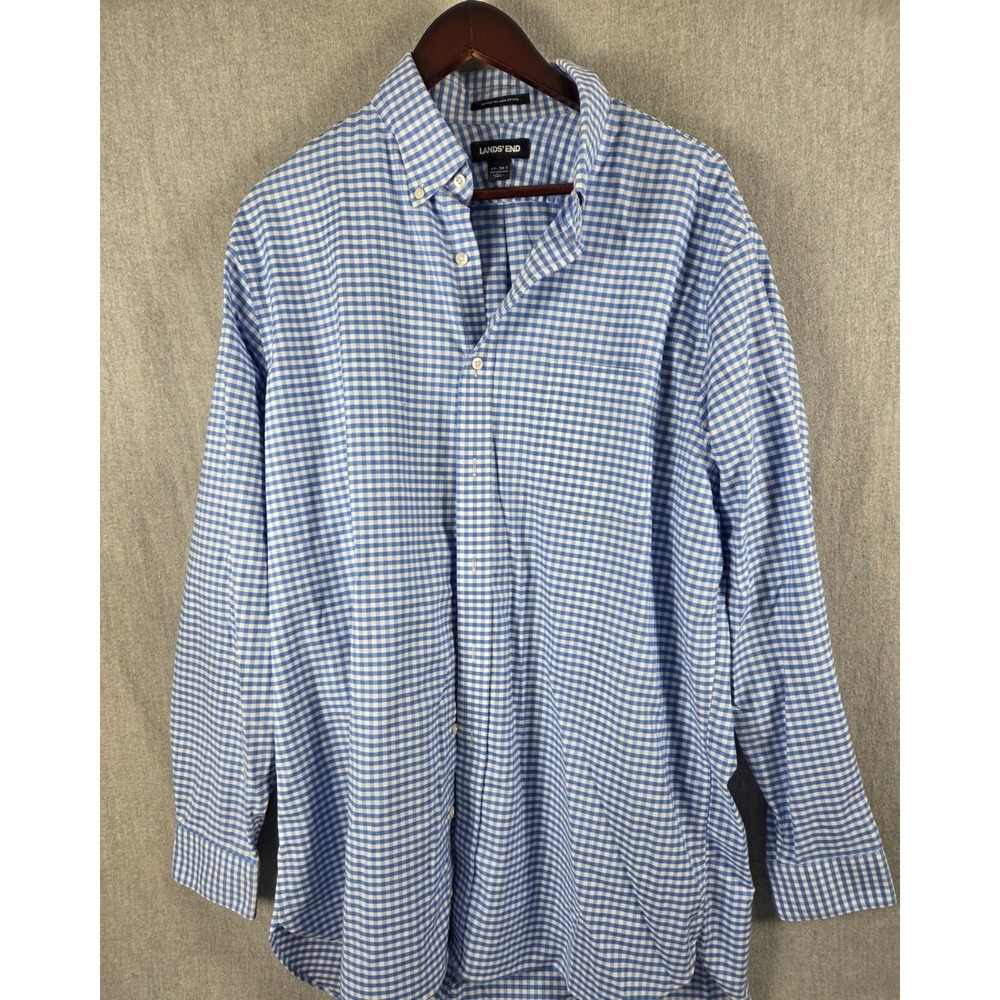Lands End Dress Shirt Mens 17-36 TALL Supima No Iron Oxford Blue Gingham Check